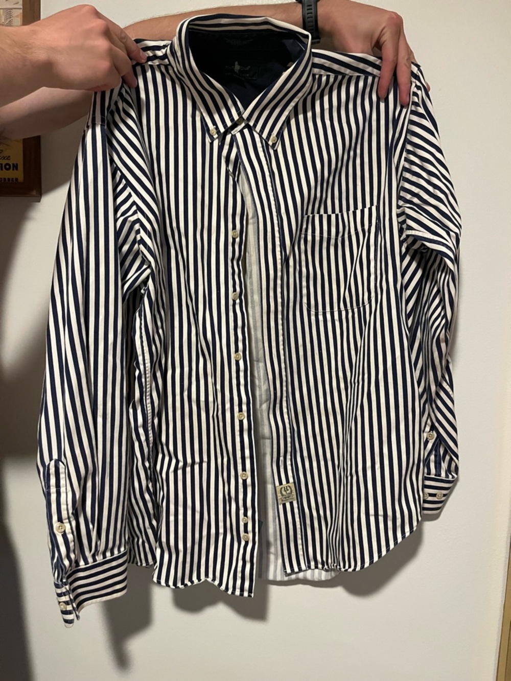 Vintage Men's Navy and White Striped Button-Down Shirt